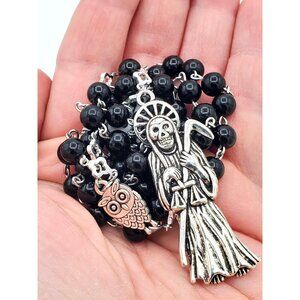 Handmade Obsidian Santa Muerte Rosary Holy Death Amulet Natural Stone Beads